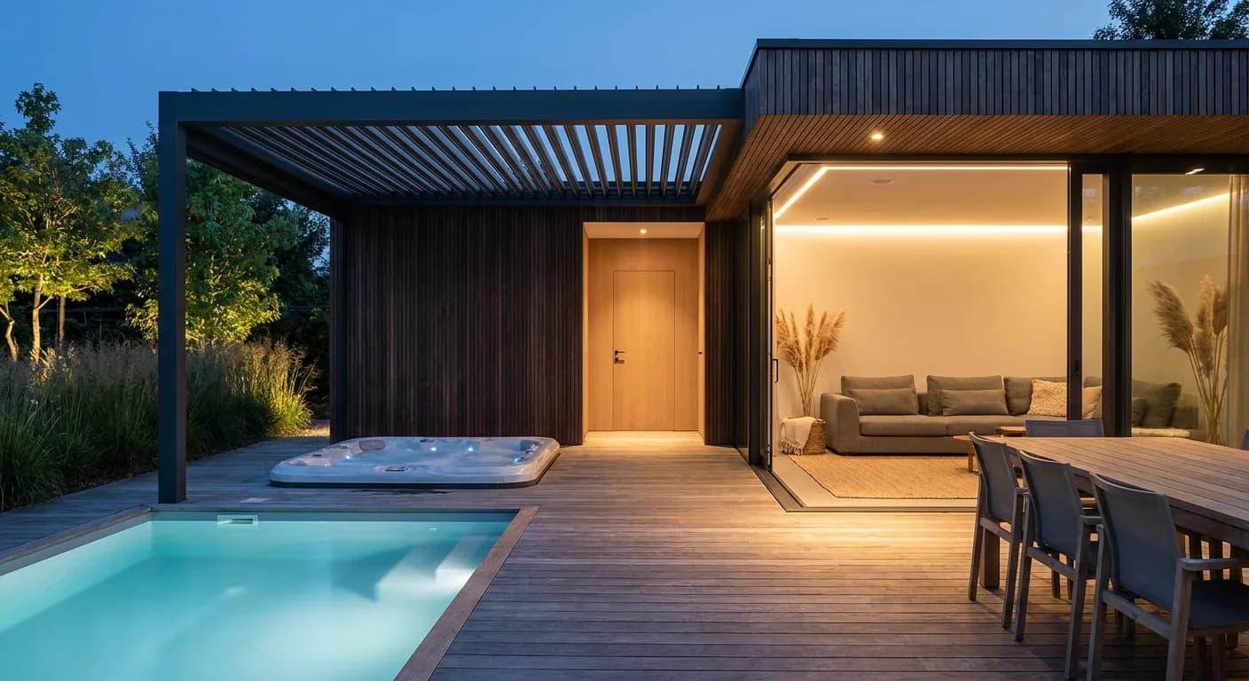Annexe de jardin en bardage bois vertical, éclairée de l’intérieur à la tombée du jour, baie vitrée ouverte sur une terrasse