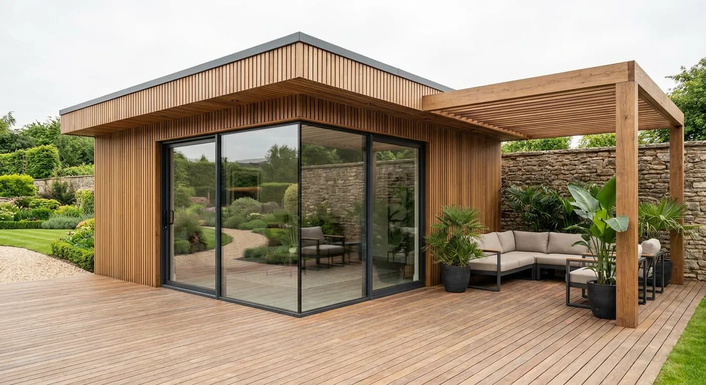 Studio de jardin à bardage bois, baie vitrée d’angle et pergola, au fond d’un jardin